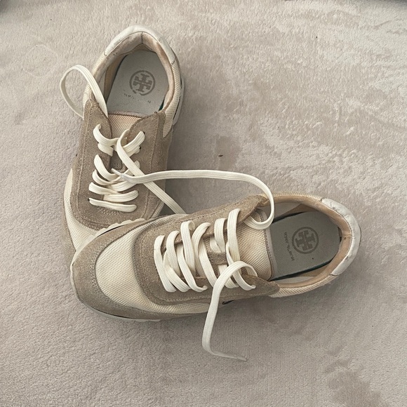 Tory Burch Cream & Beige Suede Mesh Lace-Up Sneakers - Picture 3 of 4